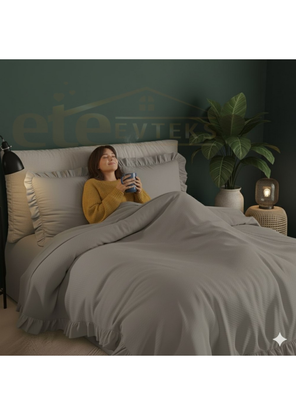 ETEHOMETEX %100 Doğal Pamuk Tek Kişilik Fırfırlı Nevresim Seti 160x220 cm TAŞ 8696474232067